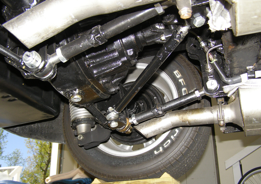 Driver side view of four-link coil-over-shock conversion.